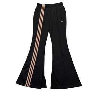 Adidas Track Pants Womens Medium Black Gold Flared Split Hem Trefoil Originals